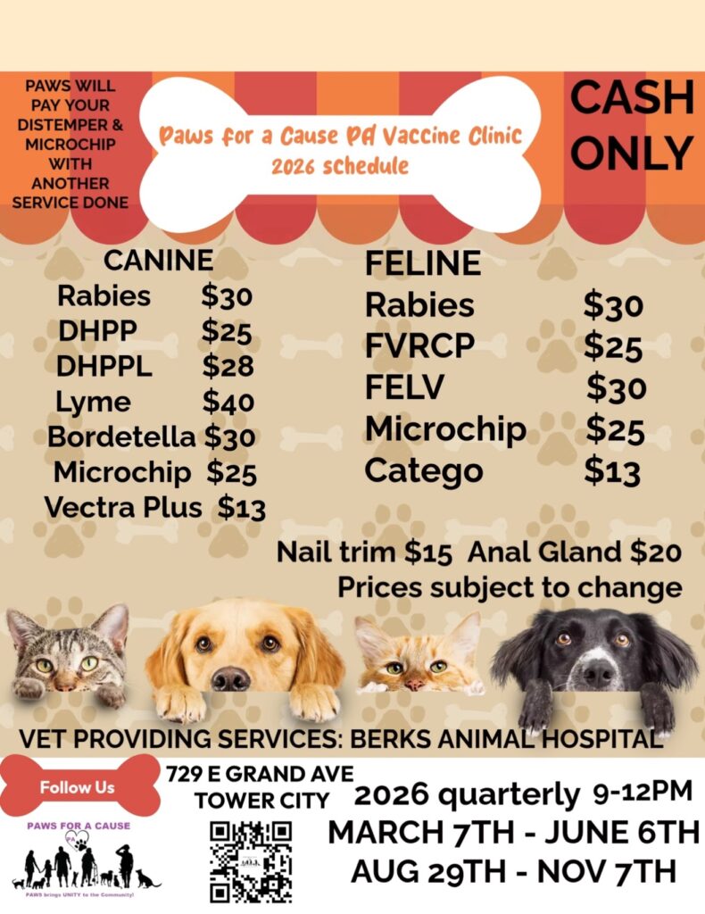 2026 Paws for a Cause PA vaccine clinic flyer